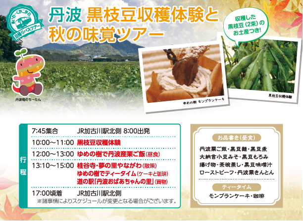 日帰りバスツアー 黒枝豆収穫体験と秋の味覚ツアー